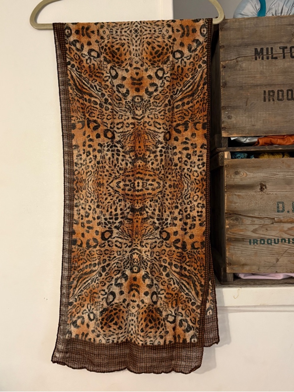 Leopard Print Lightweight Scarf - Brown & Black with Plaid Border